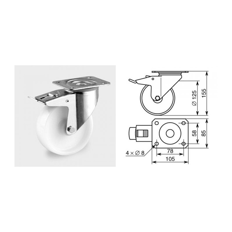 Roulette pivotante à frein diamètre 125mm polyamide