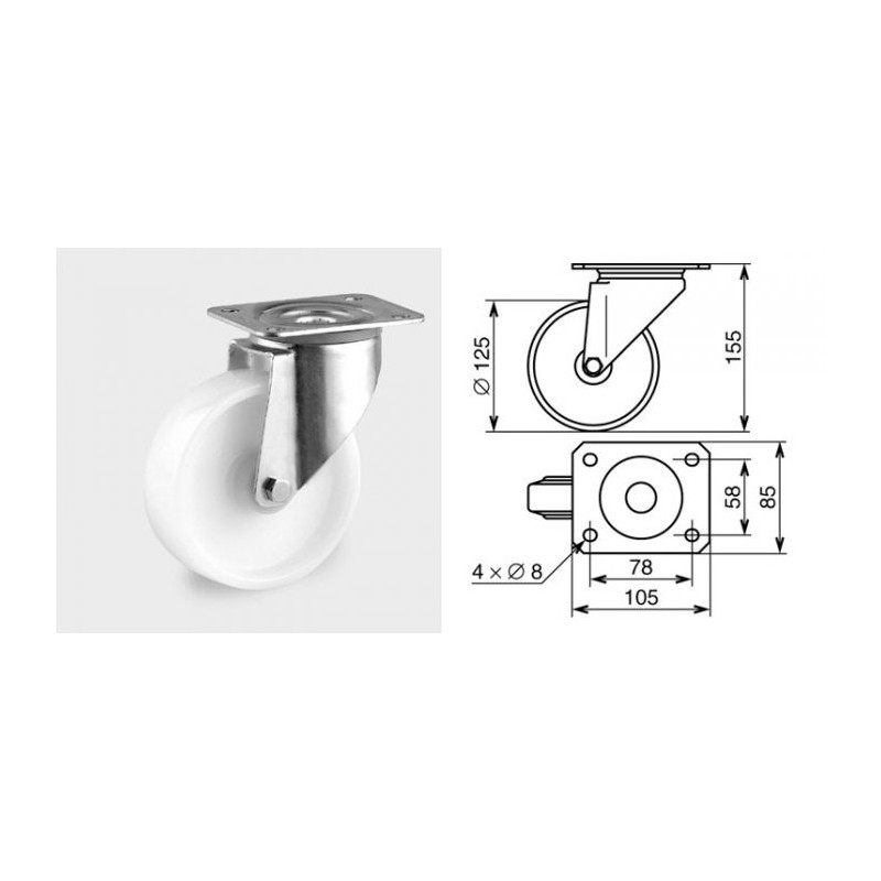 Roulette pivotante diamètre 125mm polyamide