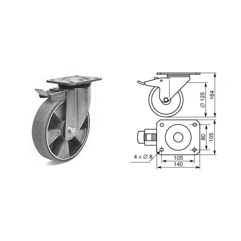 Roulette pivotante à frein diamètre 125mm