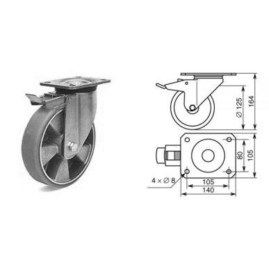 Roulette pivotante à frein diamètre 125mm