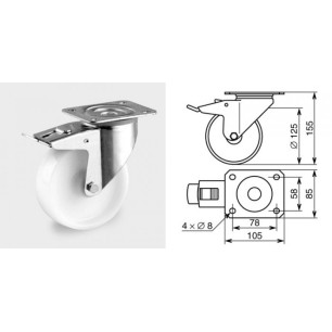 Roulette pivotante à frein diamètre 125mm polyamide