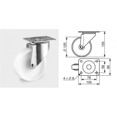 Roulette pivotante diamètre 125mm polyamide