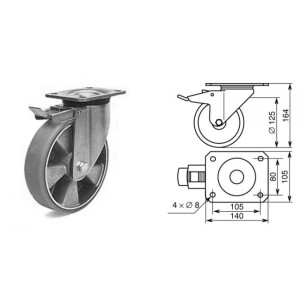 Roulette pivotante à frein diamètre 125mm