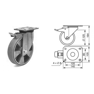 Roulette pivotante à frein diamètre 125mm