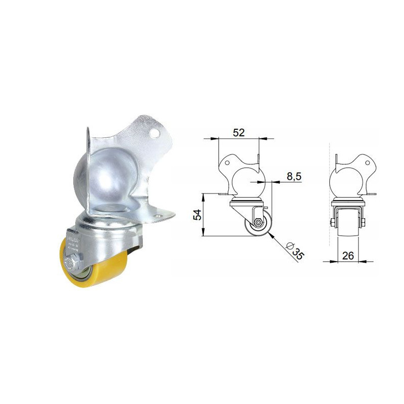 Roulette pivotante diamètre 35mm sur coin à boule