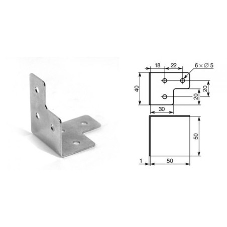 Renfort d'angle en T 50 x 50 x 40 mm 6 trous